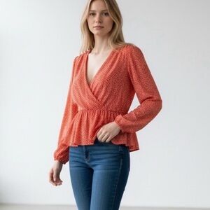 Sam & Jess Red Orange V-Neck Smocked Waist Blouson Long Sleeve Blouse XL